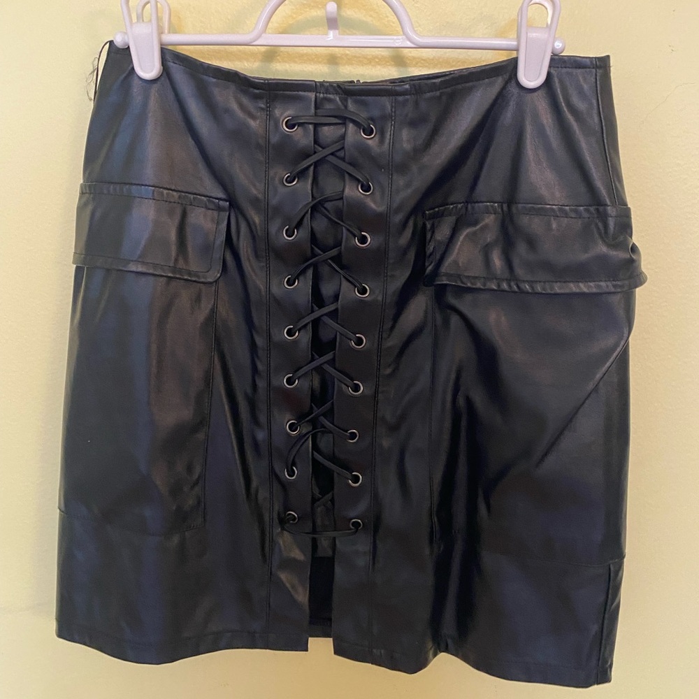 Boohoo Black Faux Leather Lace-Up Mini Skirt with Flap Pockets